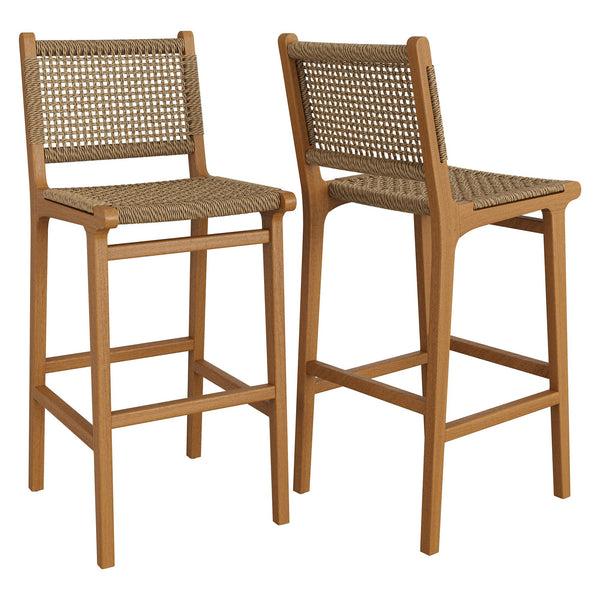 Modway Furniture Rowe Outdoor Teak and Faux Rattan Bar Stools Set for Coastal Patio Dining EEI-7689-NAT