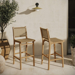 Modway Furniture Rowe Outdoor Teak and Faux Rattan Bar Stools Set for Coastal Patio Dining EEI-7689-NAT