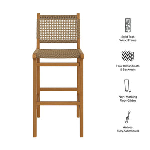 Modway Furniture Rowe Outdoor Teak and Faux Rattan Bar Stools Set for Coastal Patio Dining EEI-7689-NAT
