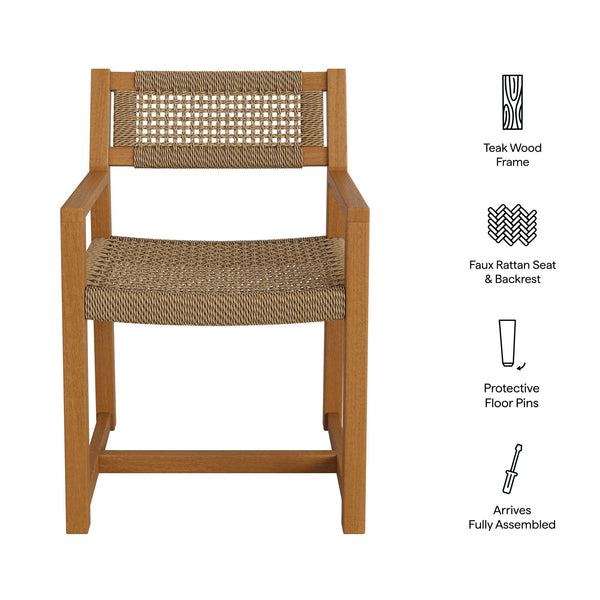 Modway Furniture Reed Modway Outdoor Teak Dining Chair with Geometric Faux Rattan Seat for Patio EEI-7690-NAT