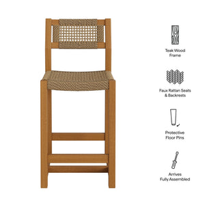 Modway Furniture Reed Solid Teak Faux Rattan Counter Stool for Outdoor Patio or Kitchen Island EEI-7691-NAT