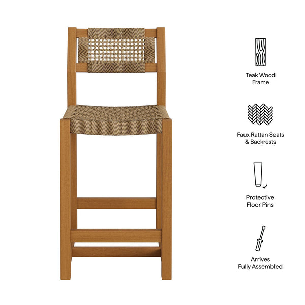 Modway Furniture Reed Solid Teak Faux Rattan Counter Stool for Outdoor Patio or Kitchen Island EEI-7691-NAT