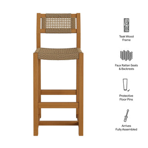 Modway Furniture Reed Outdoor Teak and Faux Rattan Bar Stool for Patio or Kitchen Island Use EEI-7692-NAT