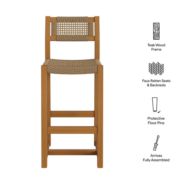 Modway Furniture Reed Outdoor Teak and Faux Rattan Bar Stool for Patio or Kitchen Island Use EEI-7692-NAT