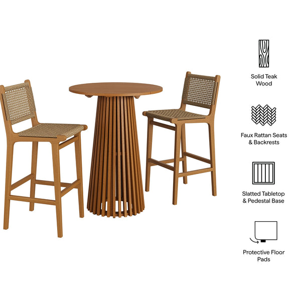 Modway Furniture Rowe Modway Solid Teak Outdoor Bar Set with Woven Rattan Stools for Patio Decks EEI-7696-NAT