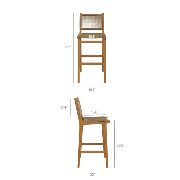 Modway Furniture Rowe Modway Solid Teak Outdoor Bar Set with Woven Rattan Stools for Patio Decks EEI-7696-NAT