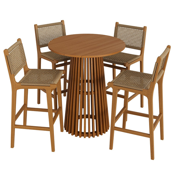 Modway Furniture Rowe Modway 5 Piece Outdoor Teak Bar Set with Woven Faux Rattan Coastal Stools EEI-7698-NAT
