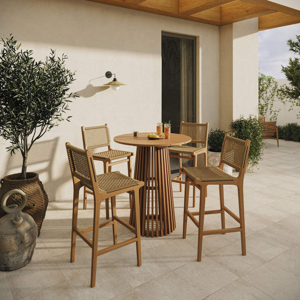 Modway Furniture Rowe Modway 5 Piece Outdoor Teak Bar Set with Woven Faux Rattan Coastal Stools EEI-7698-NAT