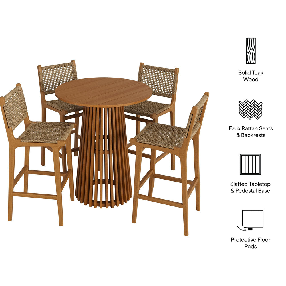 Modway Furniture Rowe Modway 5 Piece Outdoor Teak Bar Set with Woven Faux Rattan Coastal Stools EEI-7698-NAT