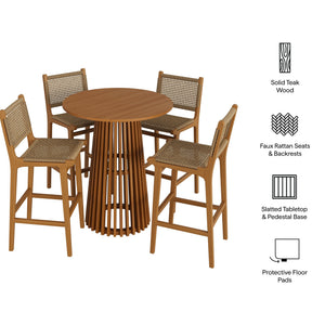Modway Furniture Rowe Modway 5 Piece Outdoor Teak Bar Set with Woven Faux Rattan Coastal Stools EEI-7698-NAT
