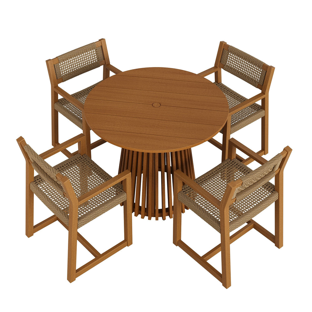 Modway Furniture Reed Modway Outdoor Teak Round Dining Set with Faux Rattan Armchairs for Patios EEI-7701-NAT