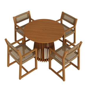 Modway Furniture Reed Modway Outdoor Teak Round Dining Set with Faux Rattan Armchairs for Patios EEI-7701-NAT