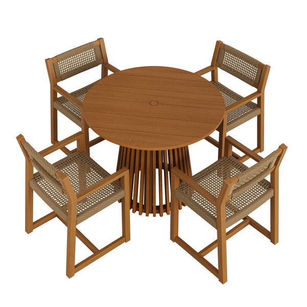 Modway Furniture Reed Modway Outdoor Teak Round Dining Set with Faux Rattan Armchairs for Patios EEI-7701-NAT