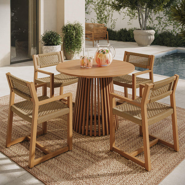 Modway Furniture Reed Modway Outdoor Teak Round Dining Set with Faux Rattan Armchairs for Patios EEI-7701-NAT
