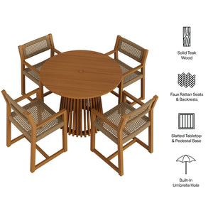 Modway Furniture Reed Modway Outdoor Teak Round Dining Set with Faux Rattan Armchairs for Patios EEI-7701-NAT