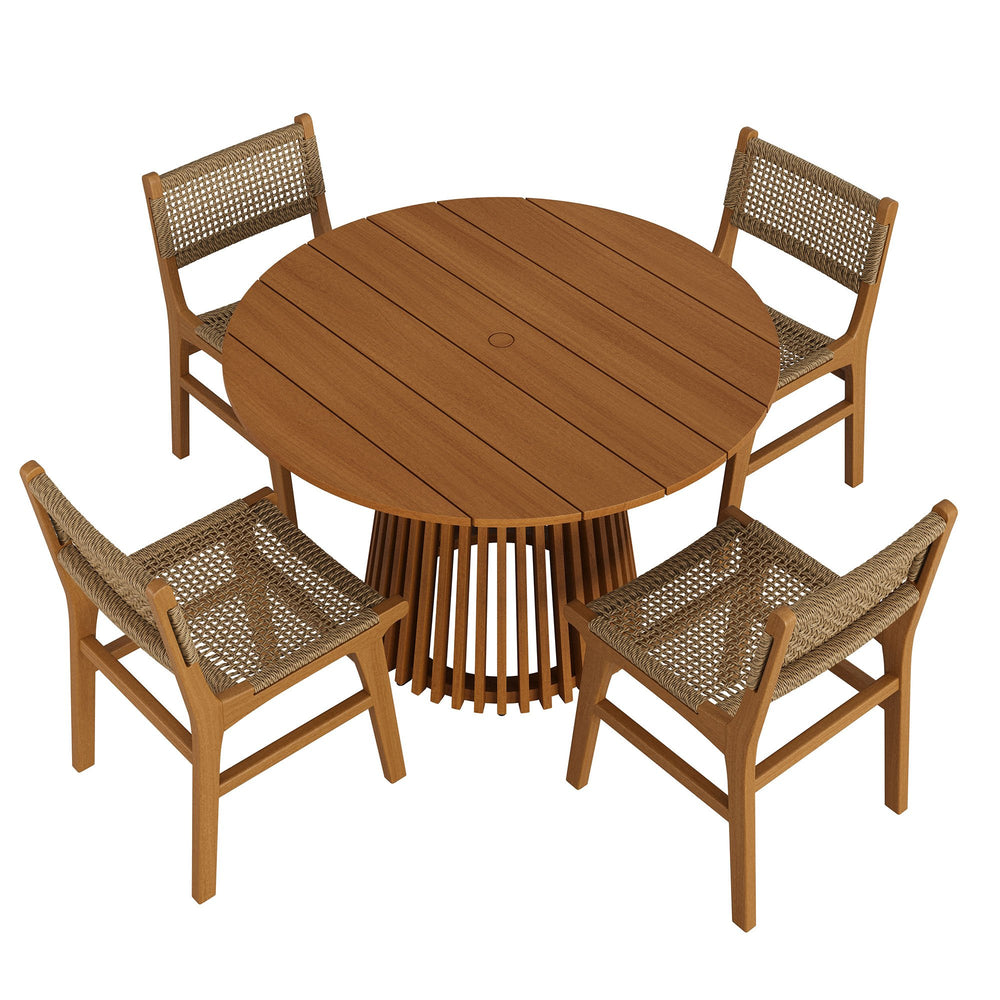 Modway Furniture Rowe Modway Outdoor Solid Teak Dining Set Seats Four with Faux Rattan Chairs EEI-7702-NAT