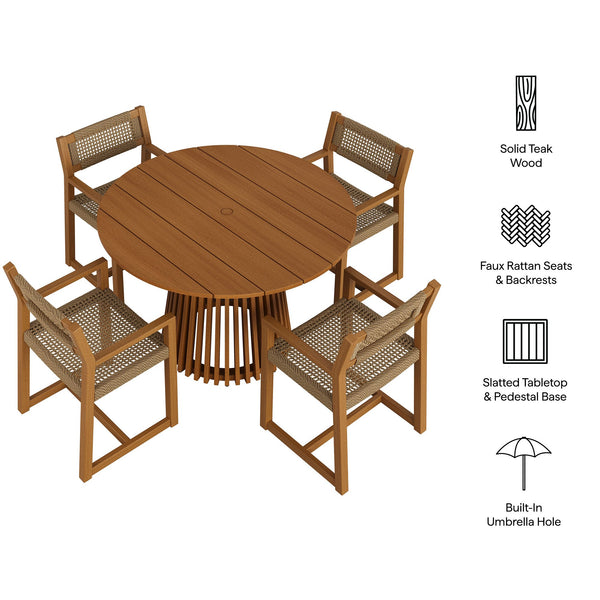 Modway Furniture Reed Modway Solid Teak Outdoor Dining Set with Faux Rattan Armchairs Seats Four EEI-7703-NAT
