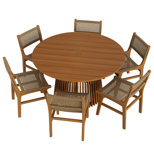 Modway Furniture Rowe Modway Solid Teak Outdoor Dining Set Seats Six with Woven Faux Rattan Chairs EEI-7704-NAT