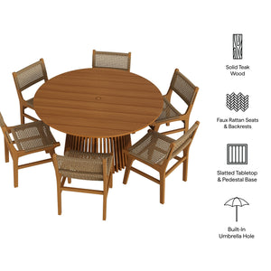 Modway Furniture Rowe Modway Solid Teak Outdoor Dining Set Seats Six with Woven Faux Rattan Chairs EEI-7704-NAT