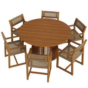 Modway Furniture Reed Modway Solid Teak Outdoor Round Dining Set for Six with Faux Rattan Chairs EEI-7705-NAT