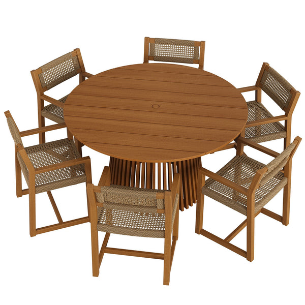 Modway Furniture Reed Modway Solid Teak Outdoor Round Dining Set for Six with Faux Rattan Chairs EEI-7705-NAT