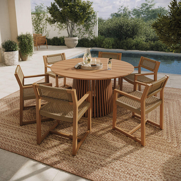 Modway Furniture Reed Modway Solid Teak Outdoor Round Dining Set for Six with Faux Rattan Chairs EEI-7705-NAT