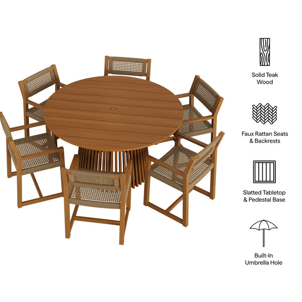 Modway Furniture Reed Modway Solid Teak Outdoor Round Dining Set for Six with Faux Rattan Chairs EEI-7705-NAT