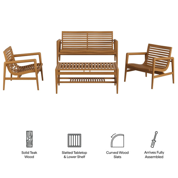 Modway Furniture Hayden Modway Solid Teak Outdoor 4 Piece Patio Set with Sculptural Wave Slat Seating EEI-7706-NAT