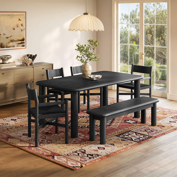 Modway Furniture Alvia Solid Oak Six Piece Dining Set with Woven Paper Rope Chairs and Bench Black EEI-7715-BLK