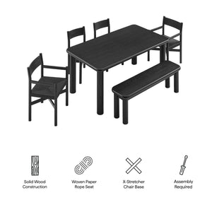 Modway Furniture Alvia Solid Oak Six Piece Dining Set with Woven Paper Rope Chairs and Bench Black EEI-7715-BLK