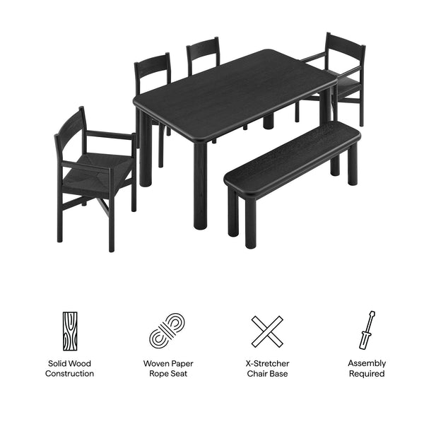 Modway Furniture Alvia Solid Oak Six Piece Dining Set with Woven Paper Rope Chairs and Bench Black EEI-7715-BLK