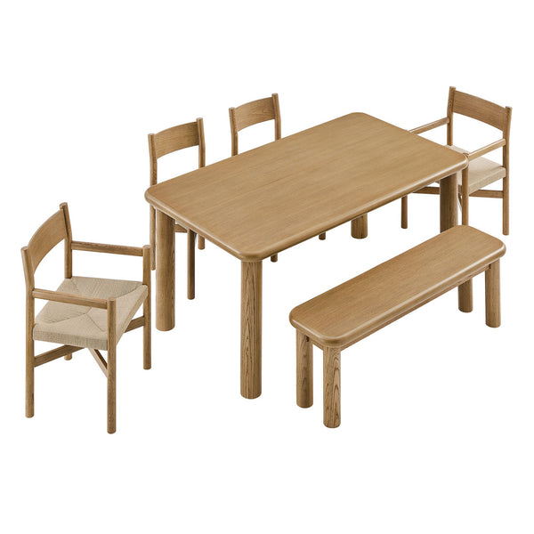 Modway Furniture Alvia Solid Oak Six Piece Dining Set with Woven Paper Rope Chairs and Bench Brown EEI-7715-WOA