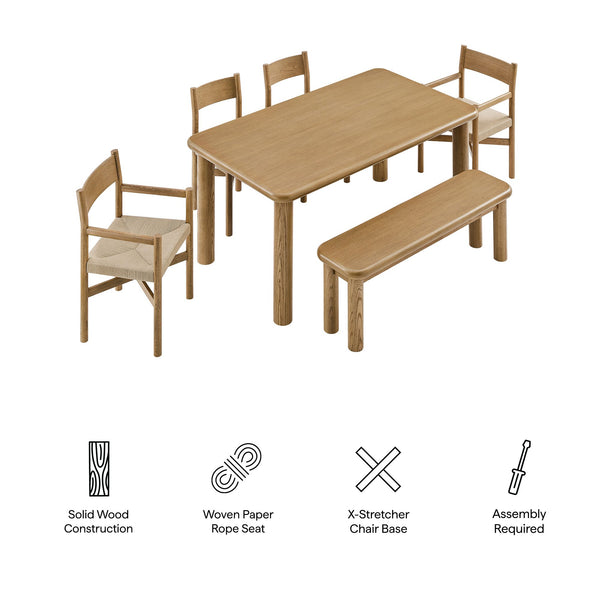 Modway Furniture Alvia Solid Oak Six Piece Dining Set with Woven Paper Rope Chairs and Bench Brown EEI-7715-WOA