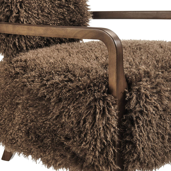 Modway Furniture Zinnia Faux Fur Lounge Chair Striped Plush Upholstery Rubberwood Arms Boho Comfort Brown EEI-7716-BRN