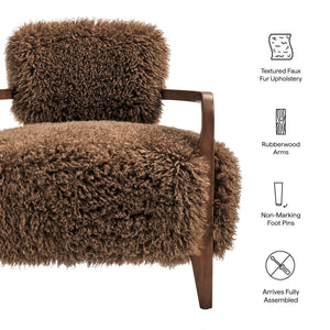 Modway Furniture Zinnia Faux Fur Lounge Chair Striped Plush Upholstery Rubberwood Arms Boho Comfort Brown EEI-7716-BRN