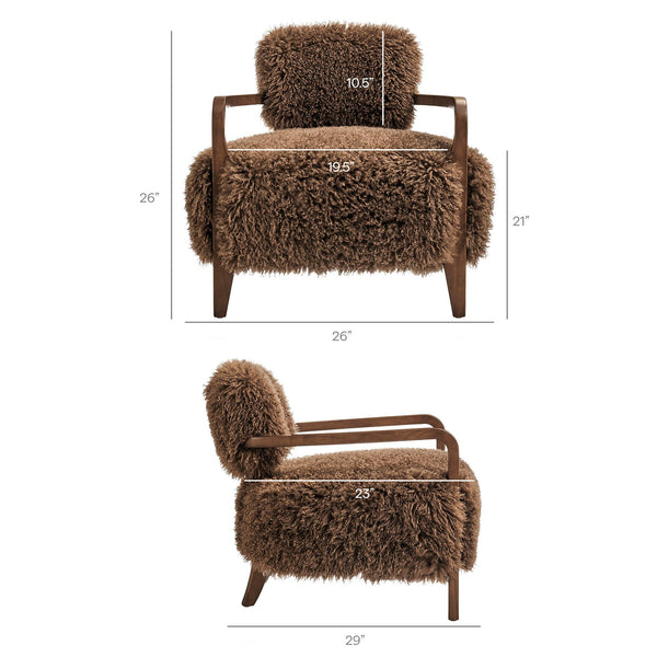 Modway Furniture Zinnia Faux Fur Lounge Chair Striped Plush Upholstery Rubberwood Arms Boho Comfort Brown EEI-7716-BRN