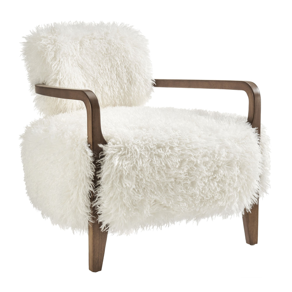 Modway Furniture Zinnia Faux Fur Lounge Chair Striped Plush Upholstery Rubberwood Arms Boho Comfort White EEI-7716-WHI