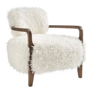 Modway Furniture Zinnia Faux Fur Lounge Chair Striped Plush Upholstery Rubberwood Arms Boho Comfort White EEI-7716-WHI
