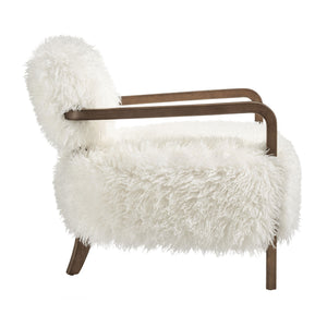 Modway Furniture Zinnia Faux Fur Lounge Chair Striped Plush Upholstery Rubberwood Arms Boho Comfort White EEI-7716-WHI