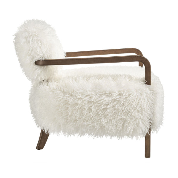 Modway Furniture Zinnia Faux Fur Lounge Chair Striped Plush Upholstery Rubberwood Arms Boho Comfort White EEI-7716-WHI