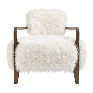 Modway Furniture Zinnia Faux Fur Lounge Chair Striped Plush Upholstery Rubberwood Arms Boho Comfort White EEI-7716-WHI