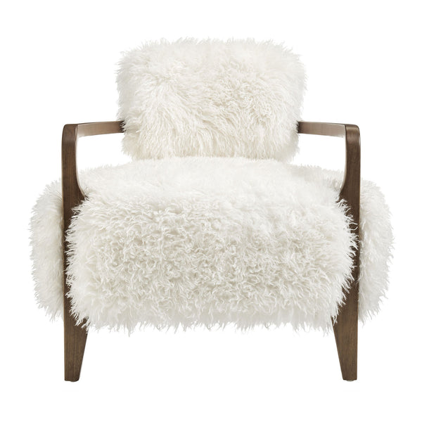 Modway Furniture Zinnia Faux Fur Lounge Chair Striped Plush Upholstery Rubberwood Arms Boho Comfort White EEI-7716-WHI