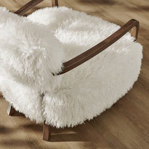 Modway Furniture Zinnia Faux Fur Lounge Chair Striped Plush Upholstery Rubberwood Arms Boho Comfort White EEI-7716-WHI