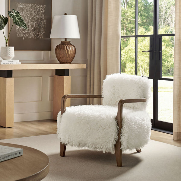Modway Furniture Zinnia Faux Fur Lounge Chair Striped Plush Upholstery Rubberwood Arms Boho Comfort White EEI-7716-WHI