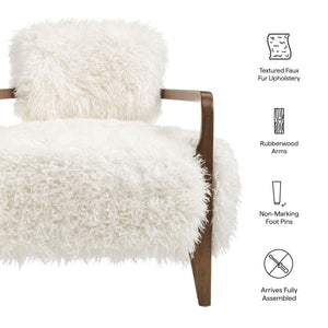 Modway Furniture Zinnia Faux Fur Lounge Chair Striped Plush Upholstery Rubberwood Arms Boho Comfort White EEI-7716-WHI