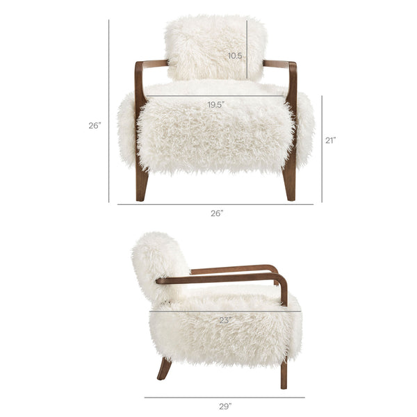 Modway Furniture Zinnia Faux Fur Lounge Chair Striped Plush Upholstery Rubberwood Arms Boho Comfort White EEI-7716-WHI