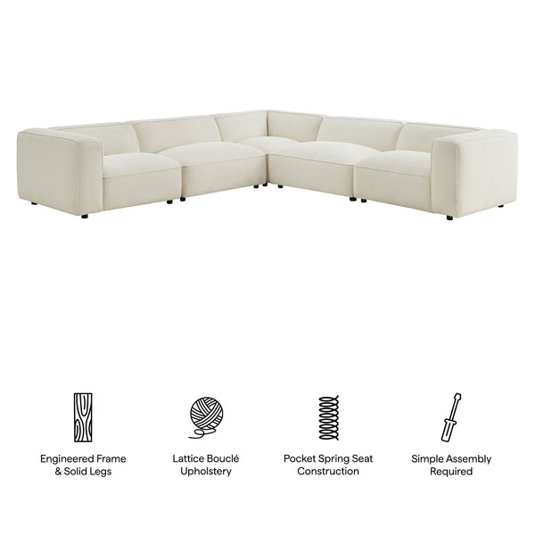 Modway Furniture Auren Five Piece Bouclé Modular Sectional with Deep Lounge Seating for Modern Living Cream EEI-7724-CRE