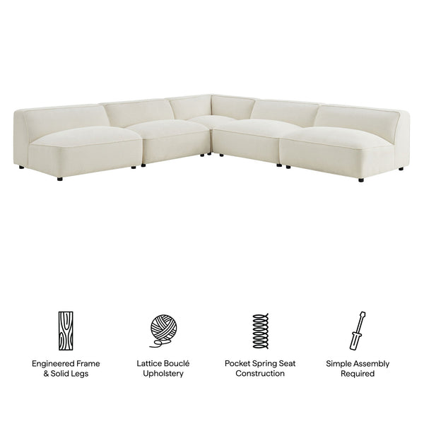 Modway Furniture Auren Bouclé Modular Sectional Five Piece Low Profile Lounge Sofa for Living Rooms White EEI-7725-CRE