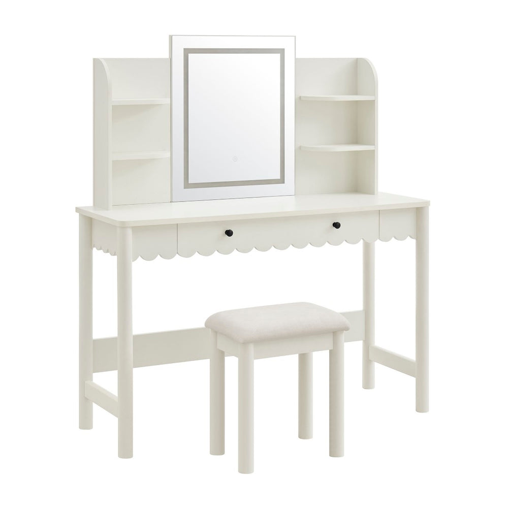 Modway Furniture Emmeline Scalloped Vanity with Led Mirror Stool Feminine Bedroom Dressing Table EEI-7726-WHI-IVO