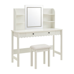 Modway Furniture Emmeline Scalloped Vanity with Led Mirror Stool Feminine Bedroom Dressing Table EEI-7726-WHI-IVO